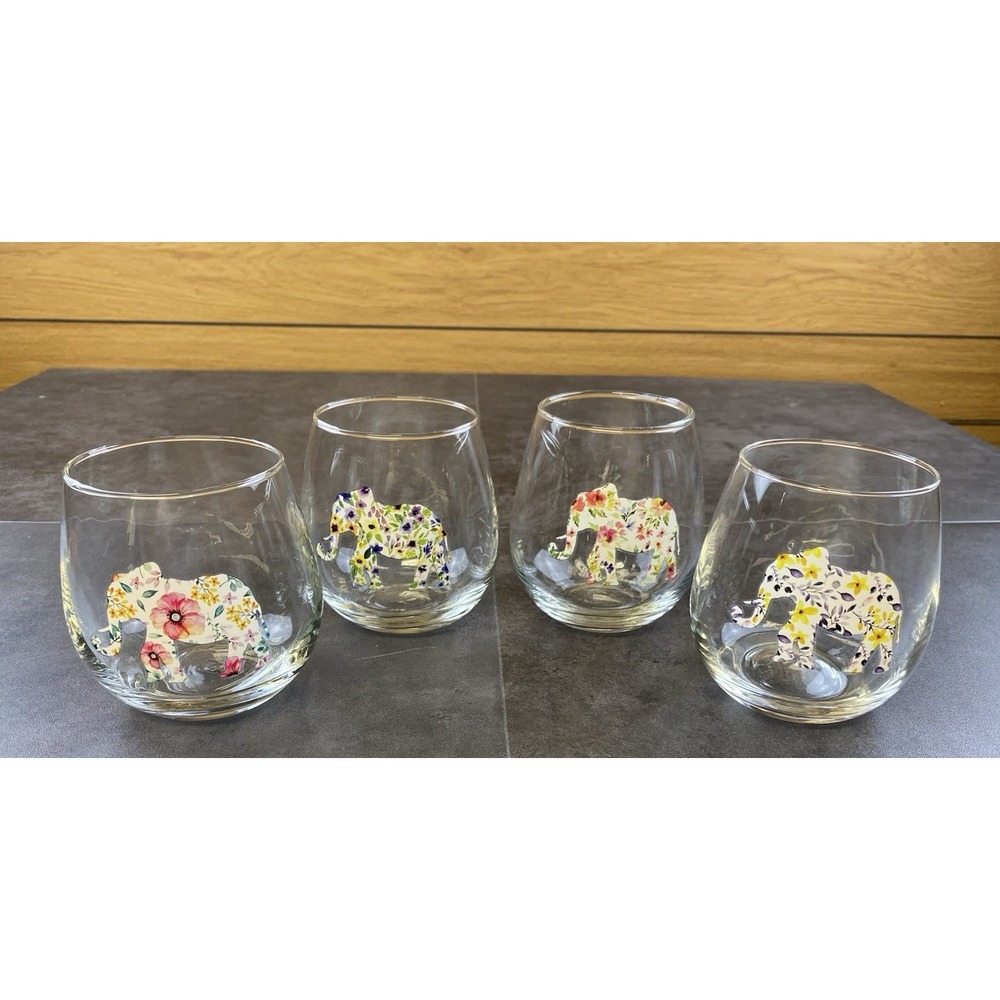 TMD Holdings Set of 4 Stemless Wine/Juice Glasses with Elephants